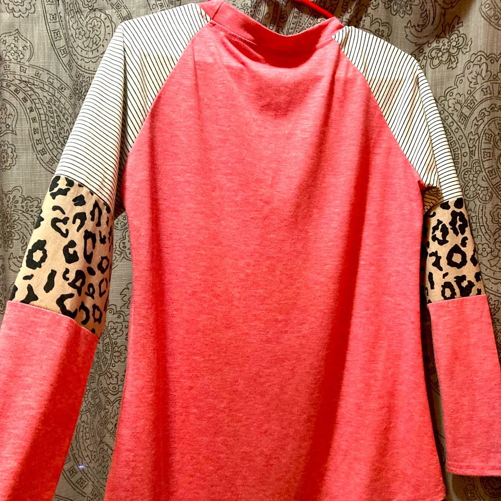 Boutique Leopard color block,with FREE stripes short shirt. LS & SL- both size M